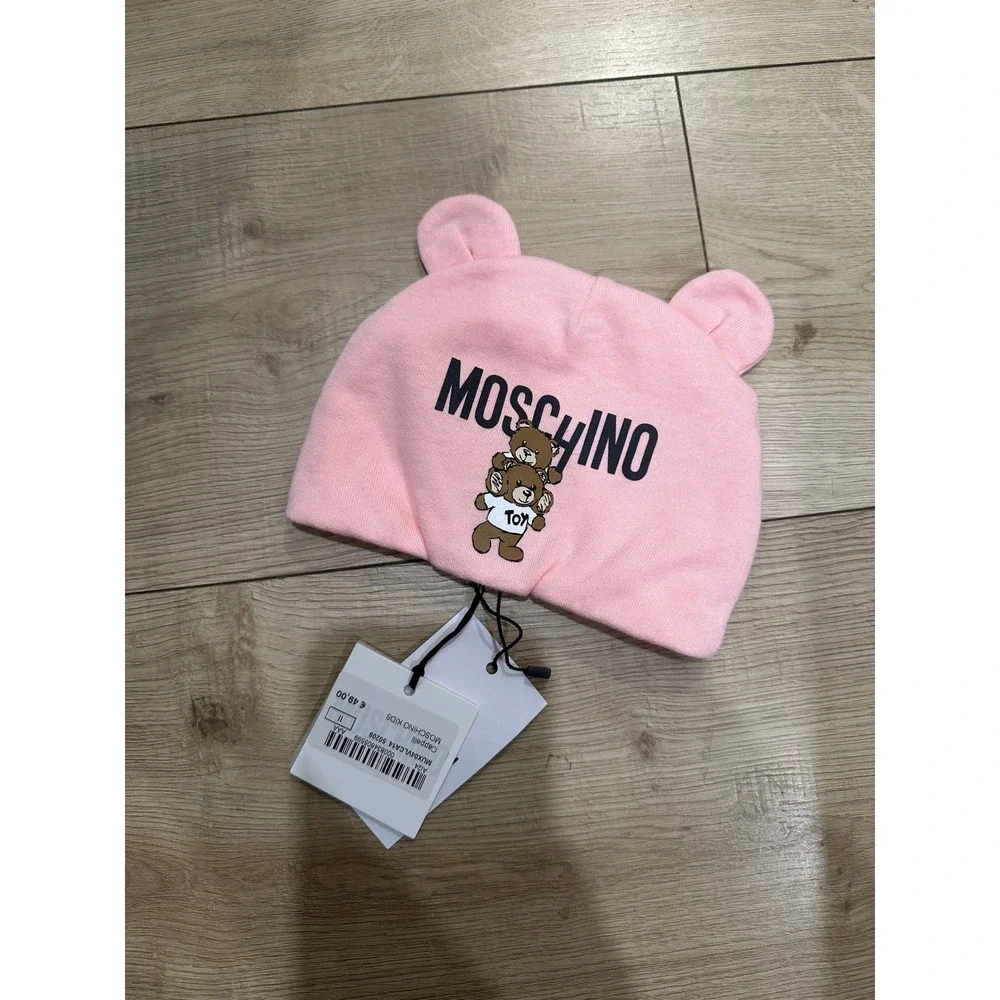 Moschino Kids Pink Toy Bear Logo Beanie Hat with Ears MUX04V LCA14 Newborn